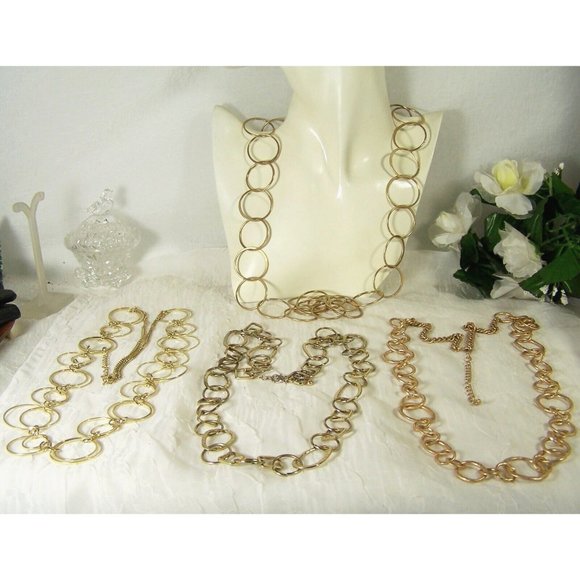 Gold Tone Costume Jewelry Lot Four Long Necklaces Circles and Hoops - Picture 1 of 10